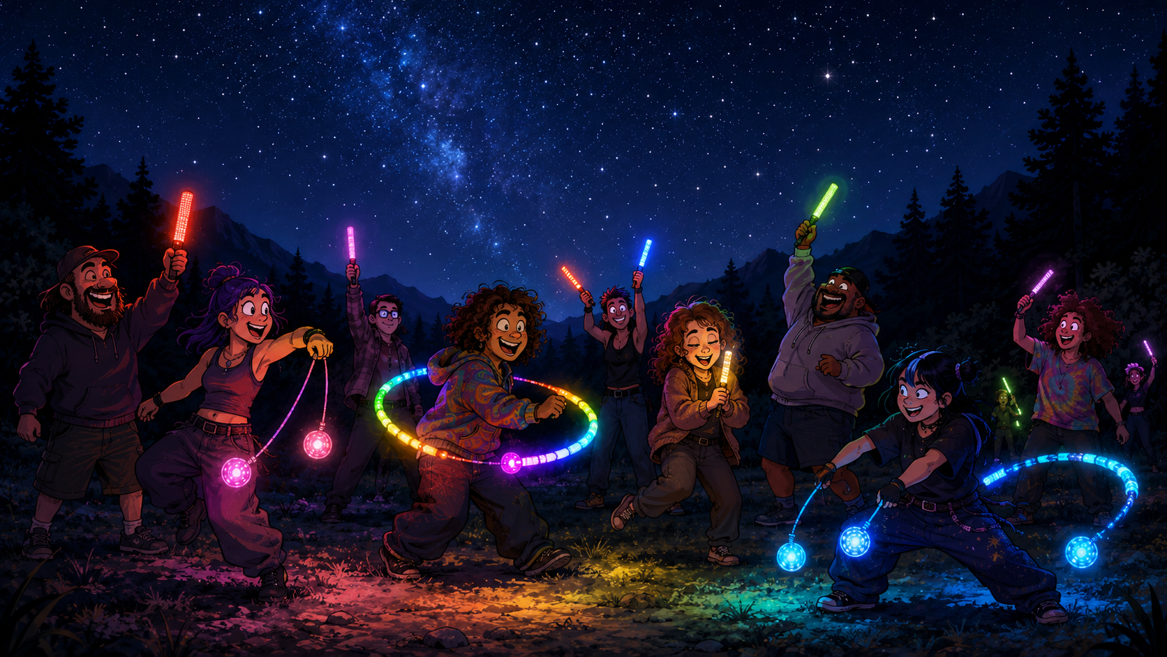 A bunch of LED-armed ravers under the night sky